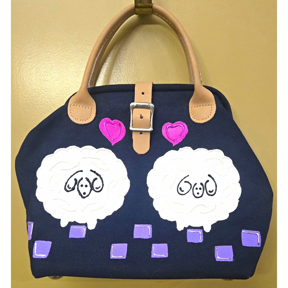 Whimsical Handcrafted Sheep Hand Painted Handbag Navy Canvas Leather Trim EUC